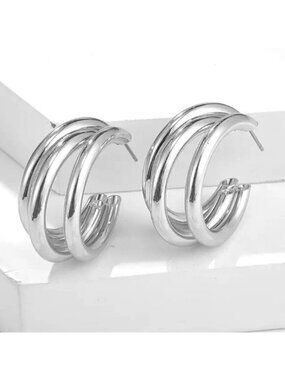 Multi C Hoop Earrings Silver Triple Rings Pierced Classy Stylish Glam Fashion